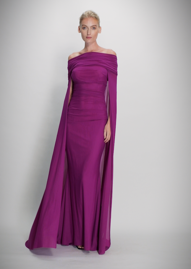Talbot Runhof off-shoulder cape dress - Purple