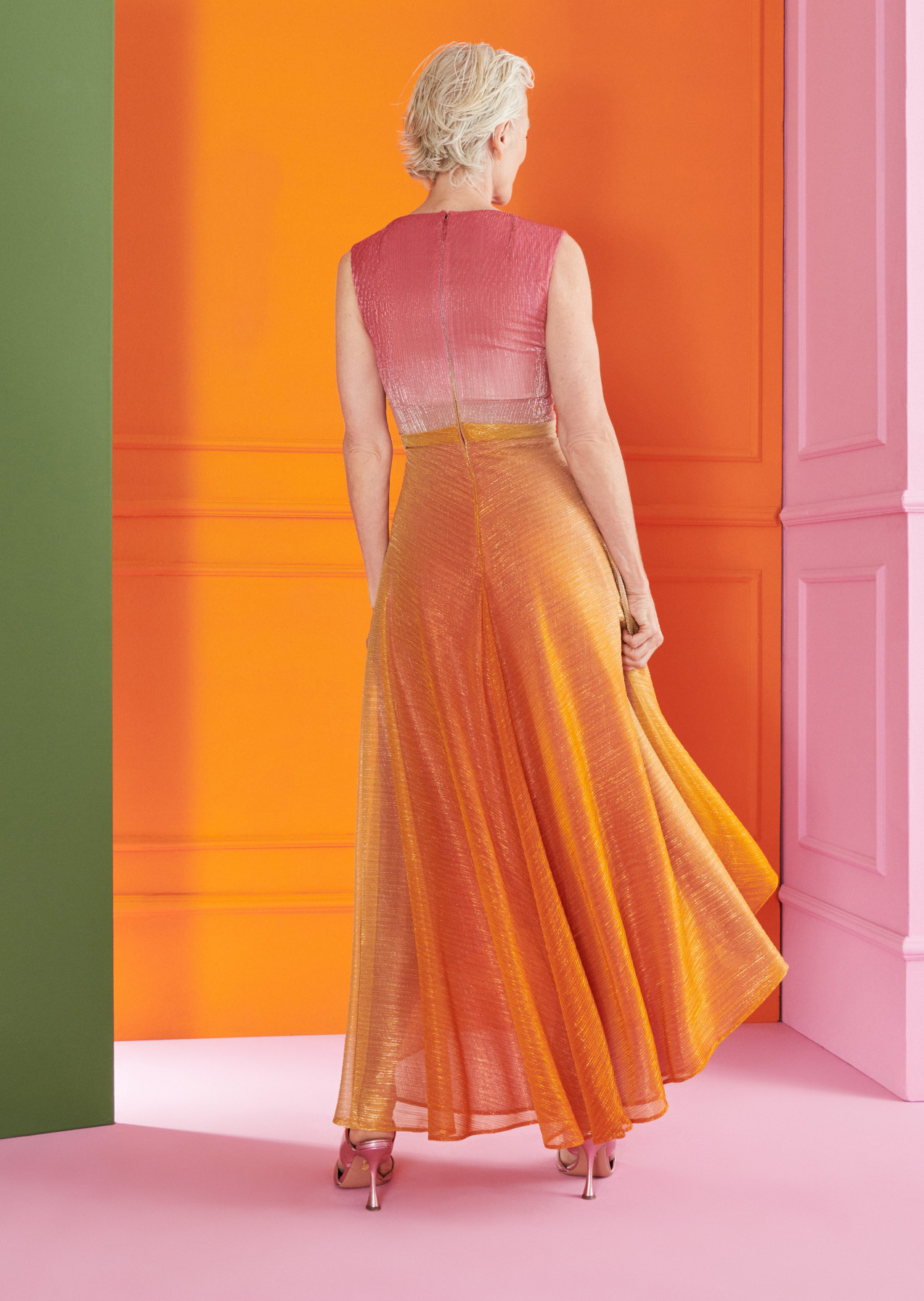 Talbot Runhof metallic-effect wrap midi dress - Orange